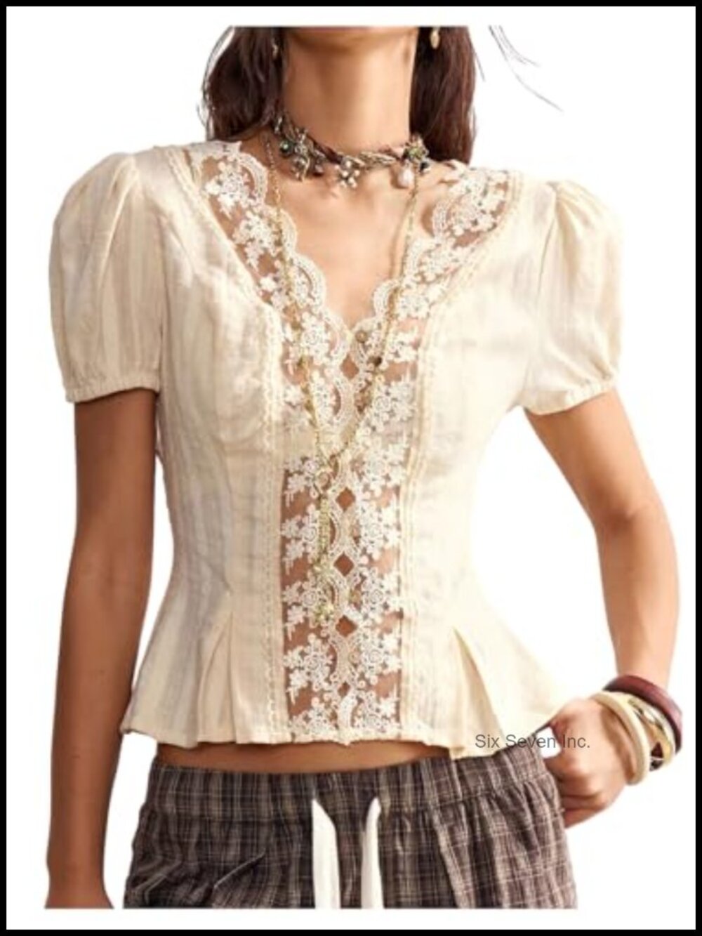 Floral Lace V Neck Peplum Blouse Puff Sleeve Boho Summer Top